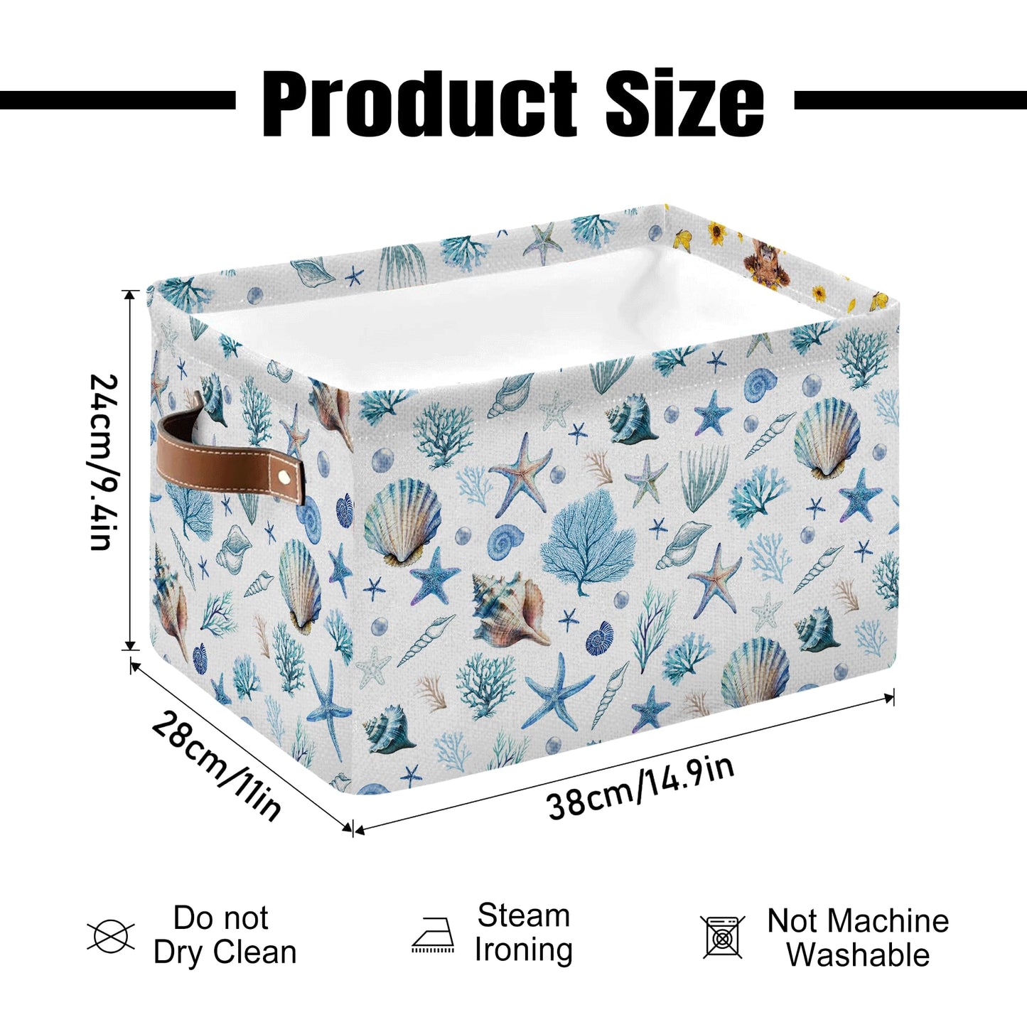 JOPJOLIW Sea Shells Starfish Rectangle Storage Basket - Ocean Themed Collection Collapsible Storage Baskets with Handles - Ocean Conch Pattern Storages Bin for Kids Clothes, Gifts, Books, Toys