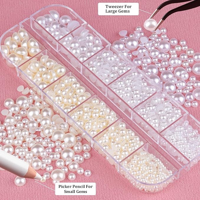 Belleboost Flat Back Pearls Kits 1 Box of Flatback White&Beige Half Round Pearls with Pickup Pencil and Tweezer for Home DIY and Professional Nail Art, Face Makeup and Craft