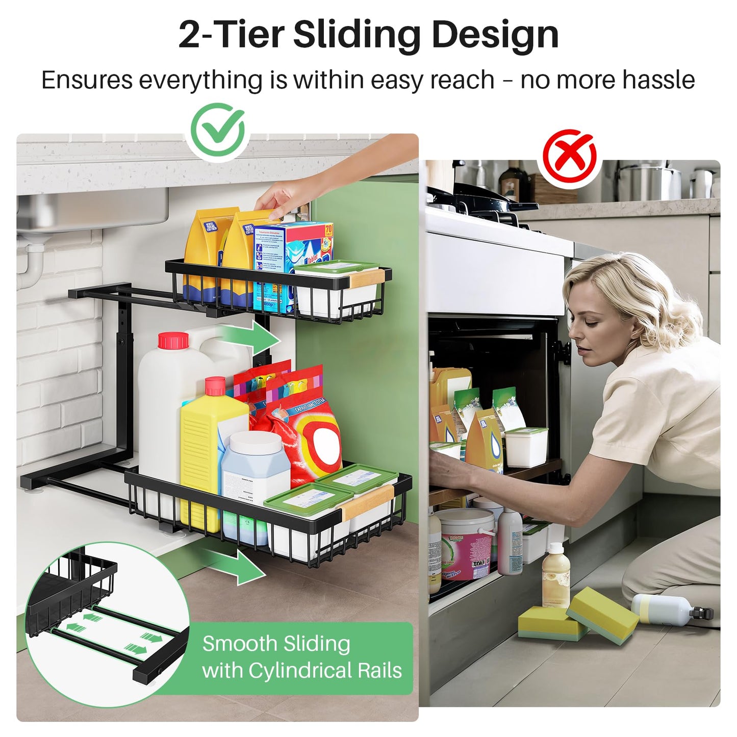 Kitstorack Under Sink Organizer, 2 Tier Under the Sink Storage, Slide out Pull out Cabinet Organizer Shelf, Metal Sliding Drawer for Kitchen Bathroom Pantry Closet Organization Rack, Black, 2 Pack
