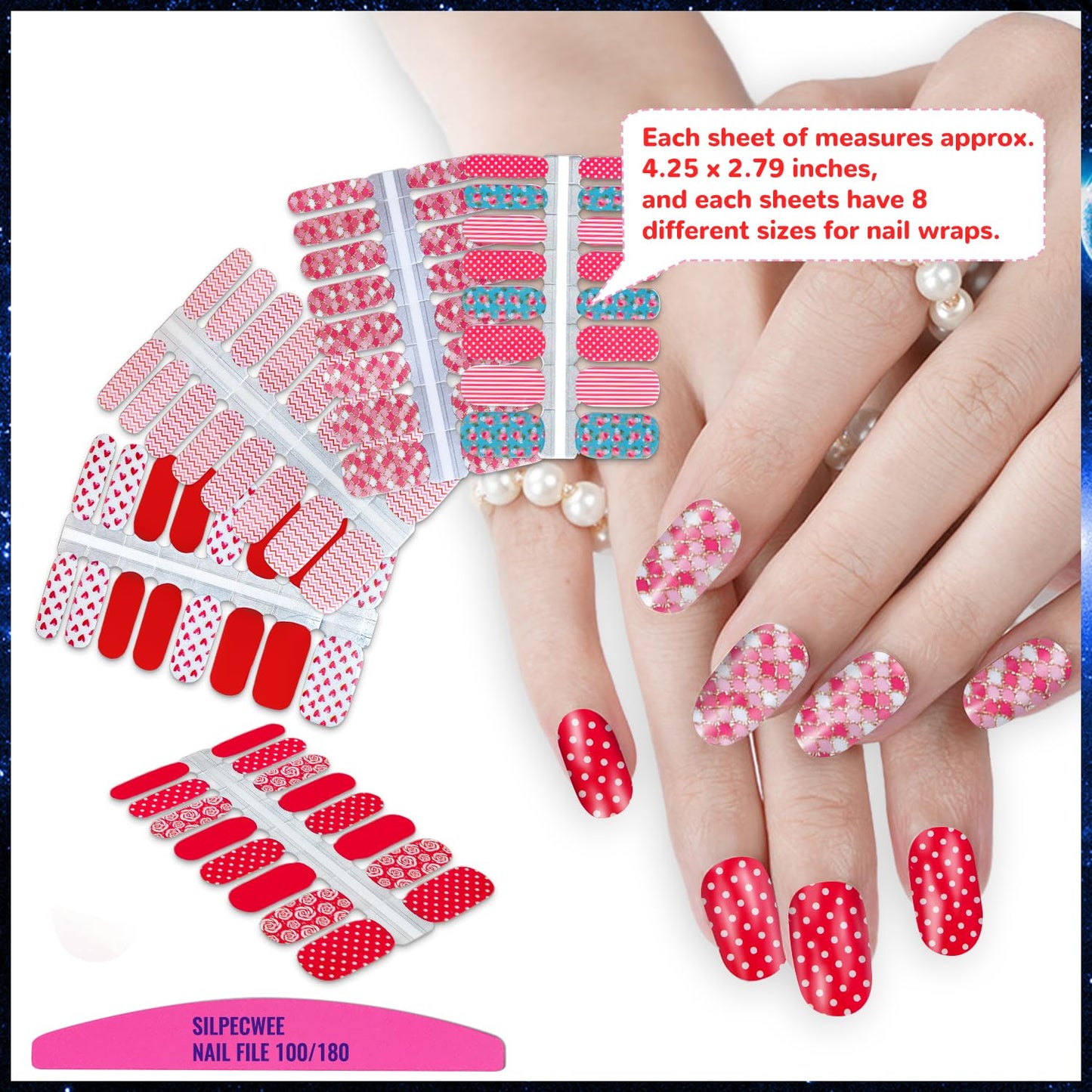 SILPECWEE 5 Sheets Red Nail Wraps for Women Valentine's Day Nail Polish Strips Gel Nail Strips Self Adhesive Nail Polish Stickers Stick on Nails Fingernails Manicure Stickers with 1pc Nail File