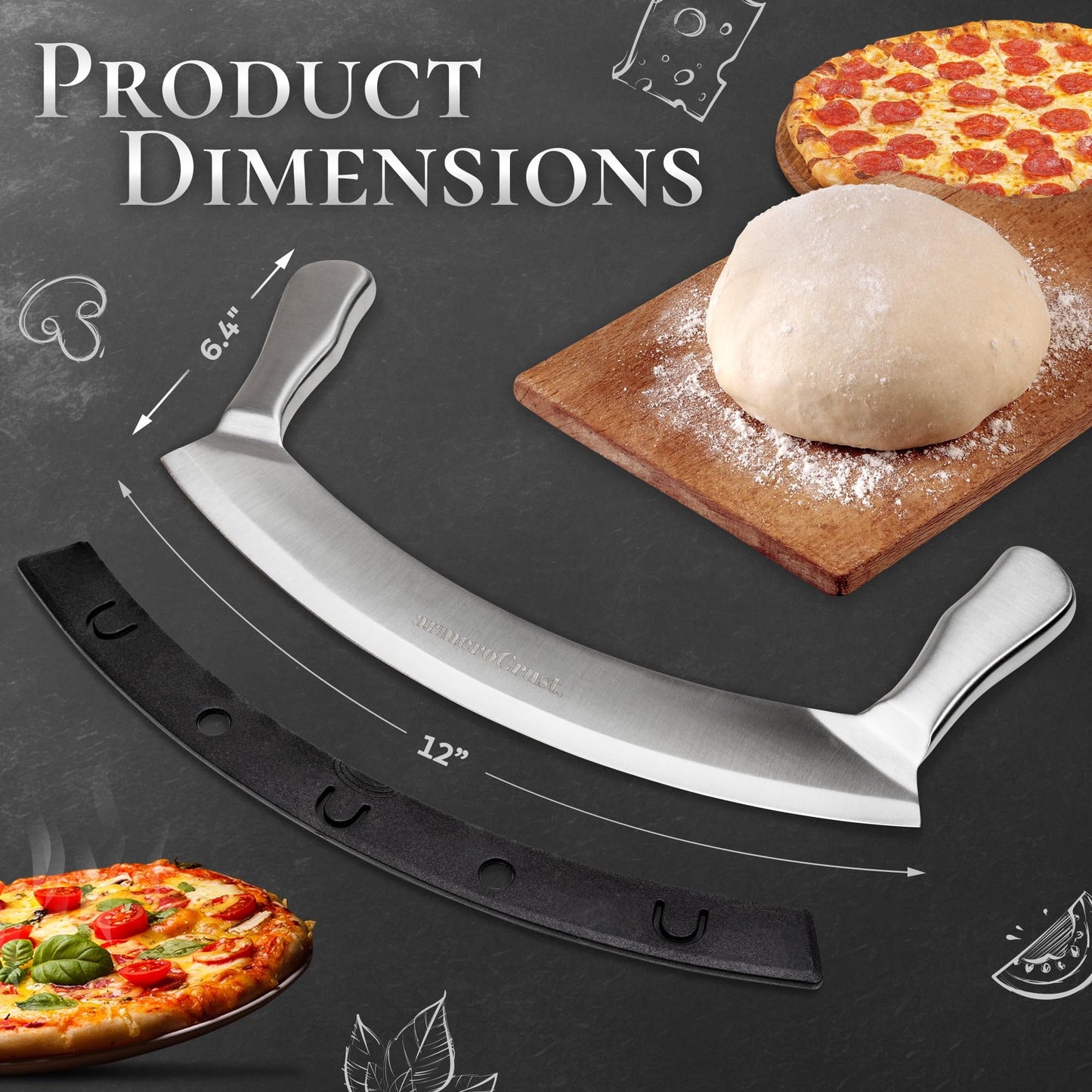 armeroCrust Mezzaluna Knife with Double Handle for Extra Stability - 12 Inches - Pizza Rocker for Precise Slicing of Thick Crust - Grade 18/0 Stainless Steel with Premium Finish