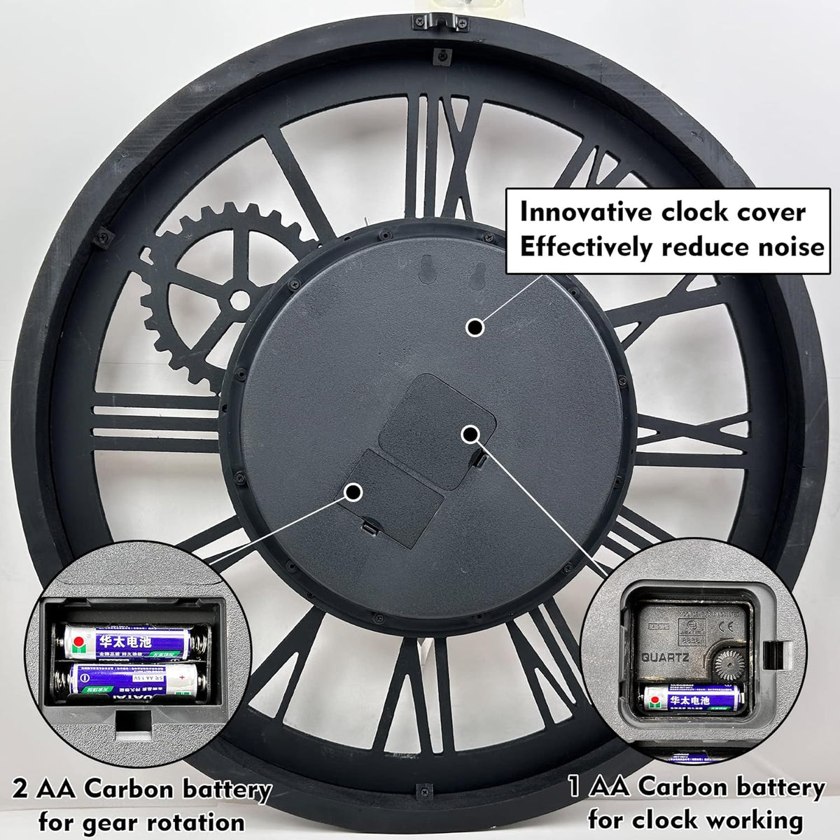 The B-Style Large Wall Clock 18 inch Moving Gear Wall Clock Oversized Vintage Farmhouse Wall Clocks for Living Room Decor Rustic Industrial Wood Clock (Carbon Gray)