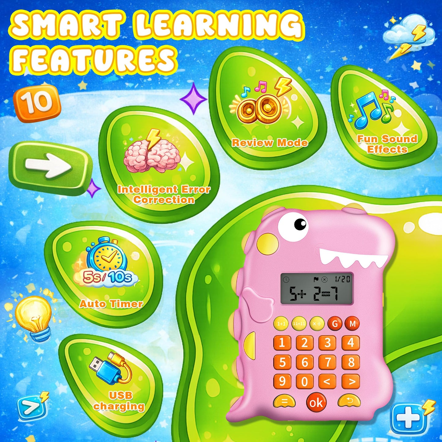 Math Games for Kids Ages 5-12, Portable Kids Calculator Toy, Addition Subtraction Multiplication Division Practice, 4 Logic Modes, 100,000 Questions, Fun Educational Math Toy, Dinosaur Toy for Kids