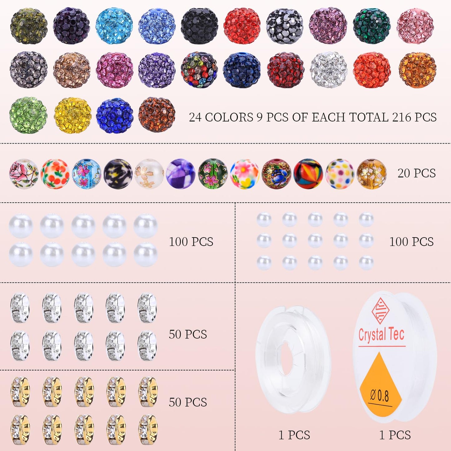 AIPRIDY Jewelry Making Beads Set, 590 PCS 10mm Round Mixed Color Rhinestone Clay Beads with Pearl and Floral Beads for DIY Bracelets, Necklaces(Fixed Mixed)