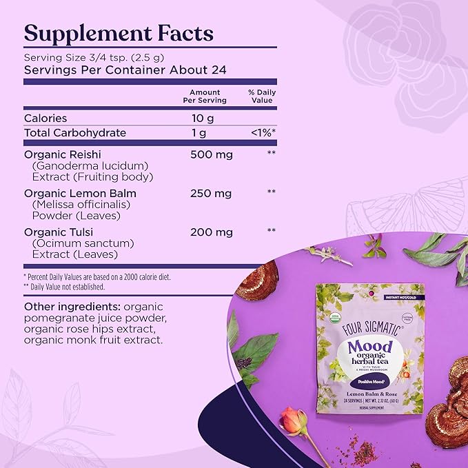 Four Sigmatic Mood Organic Herbal Tea | Enhance Emotional Well-Being with Tulsi & Reishi Tea | Calming Lemon Balm Tea w/Adaptogens | Vegan, Gluten-Free | Lemon Balm & Rose, 24 Servings
