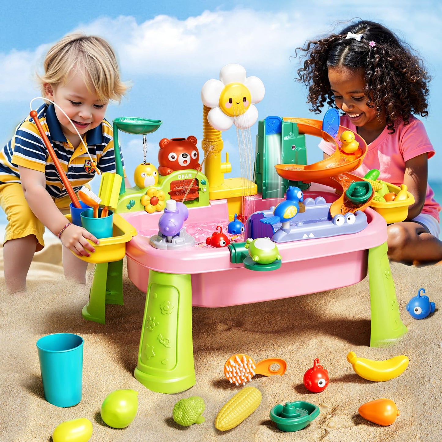 Pupu Pig Water Table Play Sink Toys for Toddlers, Kids Play Kitchen Sink with Running Water, 360° Electric Faucet, Floating Fishing Game, Sensory Water Table Toys for Boys Girls Summer Gifts - Pink