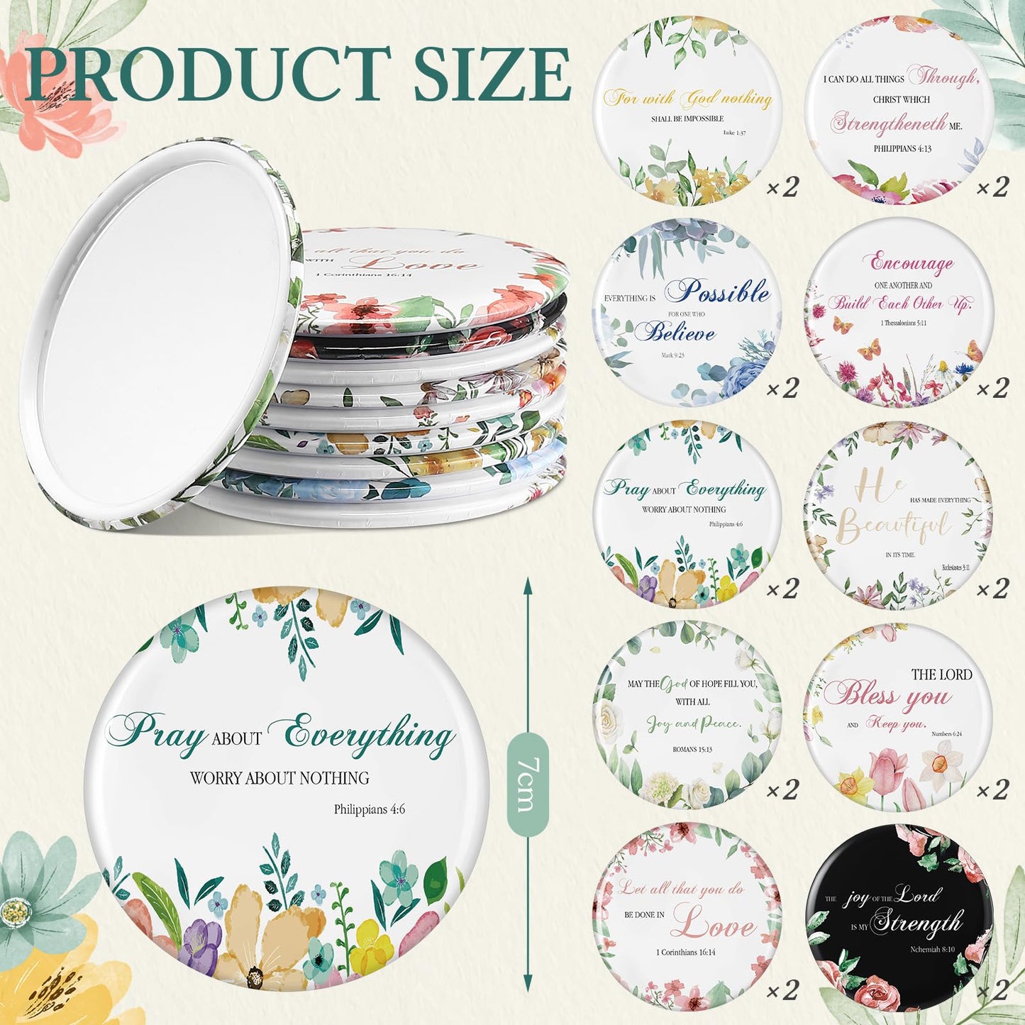 Abbylike 40 Pcs Christian Gift for Women Include 20 Bible Verse Makeup Bags 20 Christian Compact Mirrors Inspirational Religious Scripture Gift for Mom Sister Birthday Christmas(Flower Style)