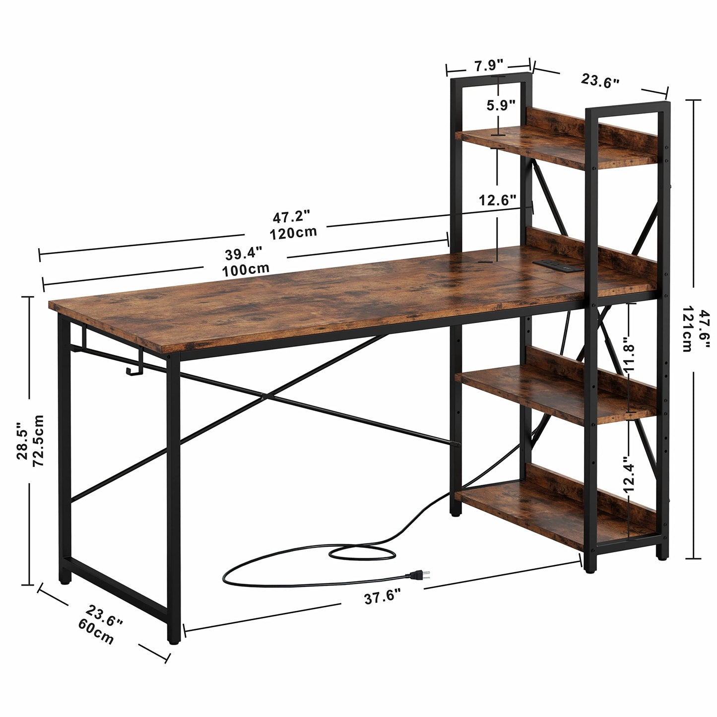 IRONCK Computer Desk 47" with Power Outlet and Storage Shelves, Study Writing Table with USB Ports Charging Station, PC Desk Workstation for Home Office, Rustic Brown