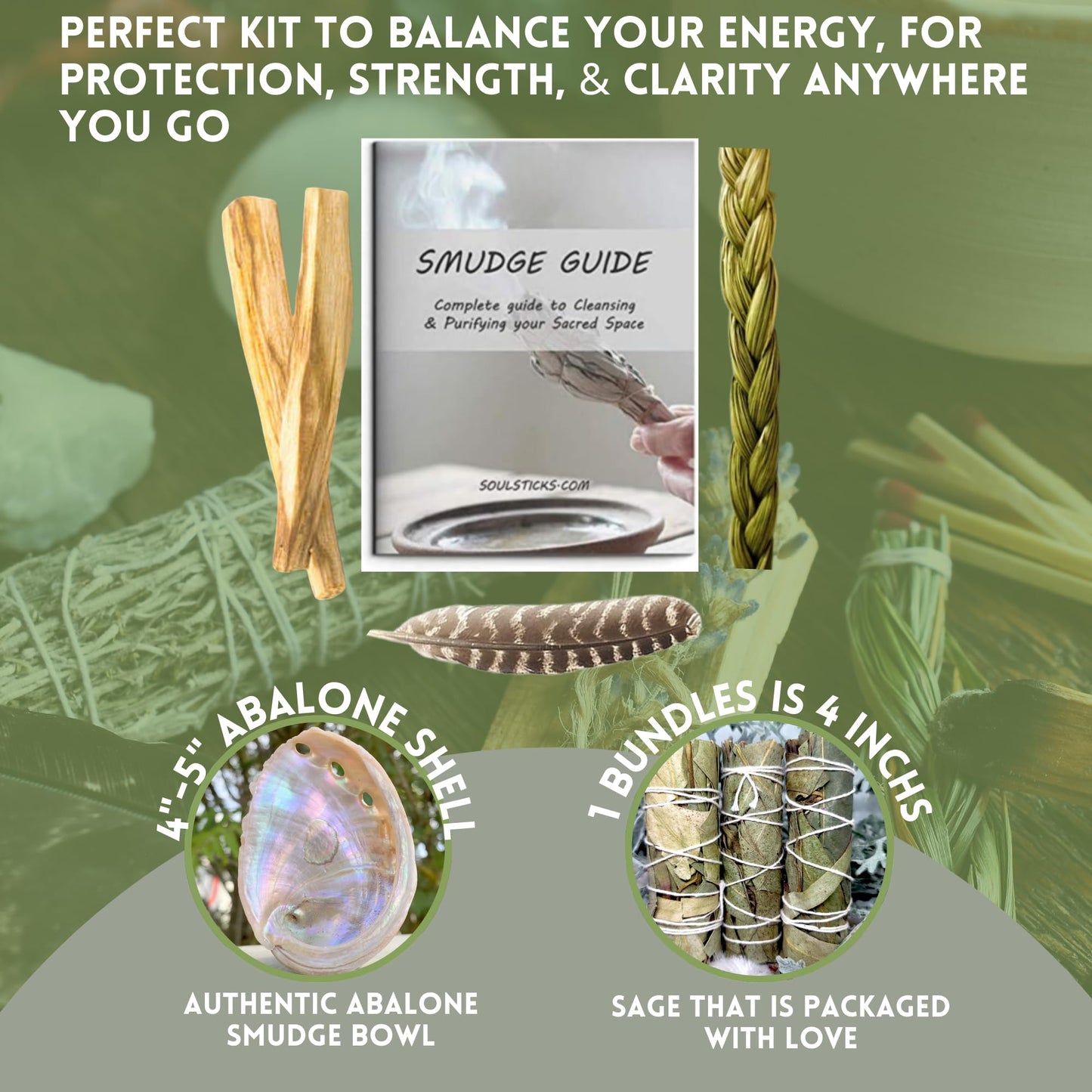 Ancient VEDA Healer's Kit: Complete Sage Smudge Kit Bundle w/Abalone Shell, Palo Santo, Sweetgrass, Turkey Feather & Guidebook – Spiritual and Energy Cleansing, Ritual Supplies, Smudging Essentials