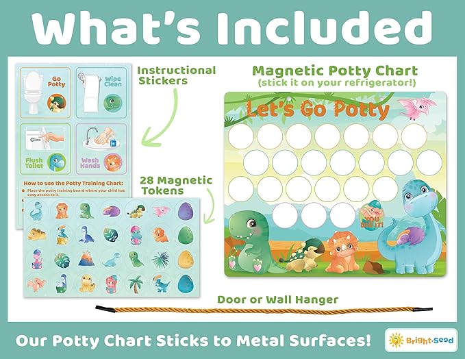 Bright Seed Reusable Magnetic Dinosaurs Potty Training Chart, Potty Training for Boys, Potty Training Sticker Chart, Potty Training Rewards for Boys, 12x10 Inches Magnetic Chart with 28 Chips