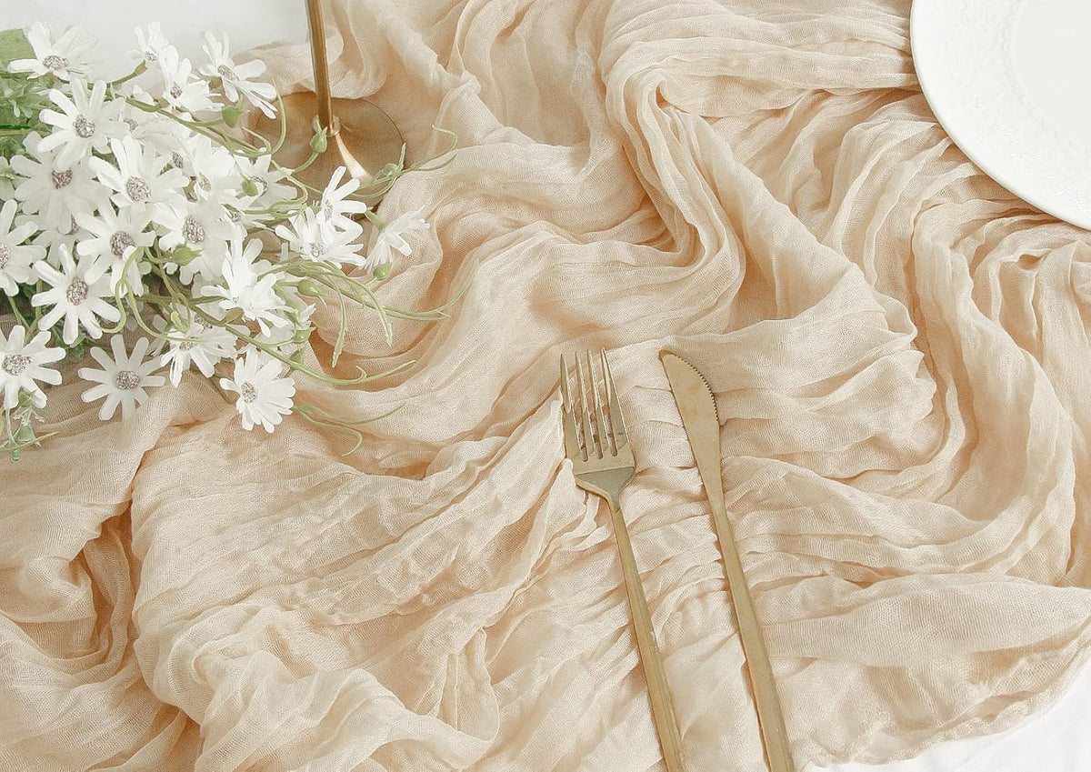 FEXIA 6 Pack Beige Gauz Table Runner 35x120 Inches for Centerpiece Table Decorations Ivory Cheesecloth Rustic Boho Table Runner for Bridal Shower Wedding Party First Communion Centerpiece Engagement