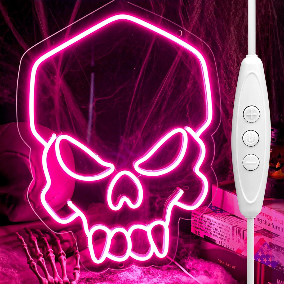 Dimmable Skull Neon Sign,Halloween Pink Neon Sign Light for Wall Decor, Skeleton LED Neon Sign for Beer Bar Bedroom Art,Skull Head Neon Lights Suitable for Computer Room, 5V USB Power 15.75 * 11.8in