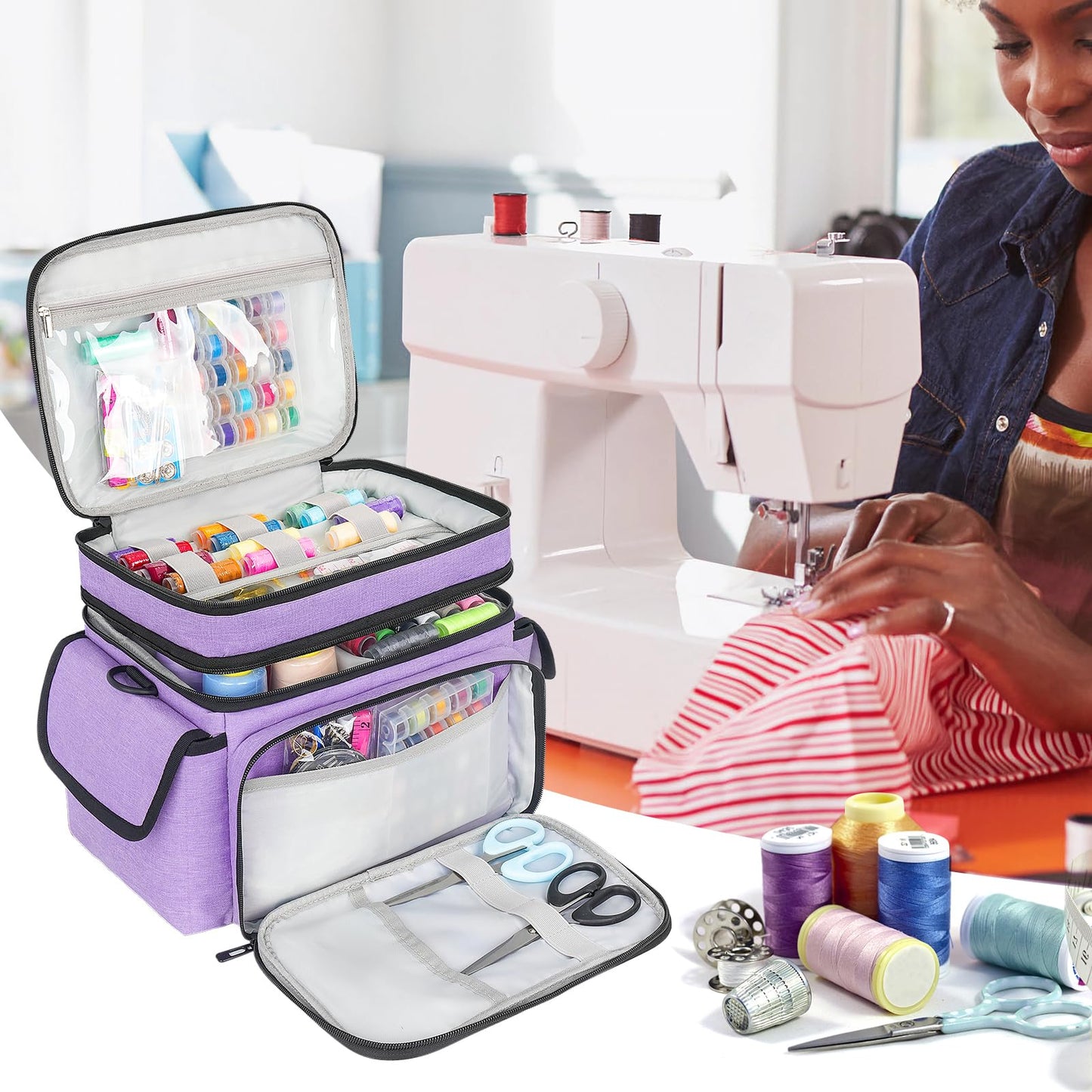 LEFOR·Z Sewing Supplies Organizer Storage Bag,Double-Layer Protable Travel Sewing Basket for Sew Accessories & Tools,Purple(Bag Only)