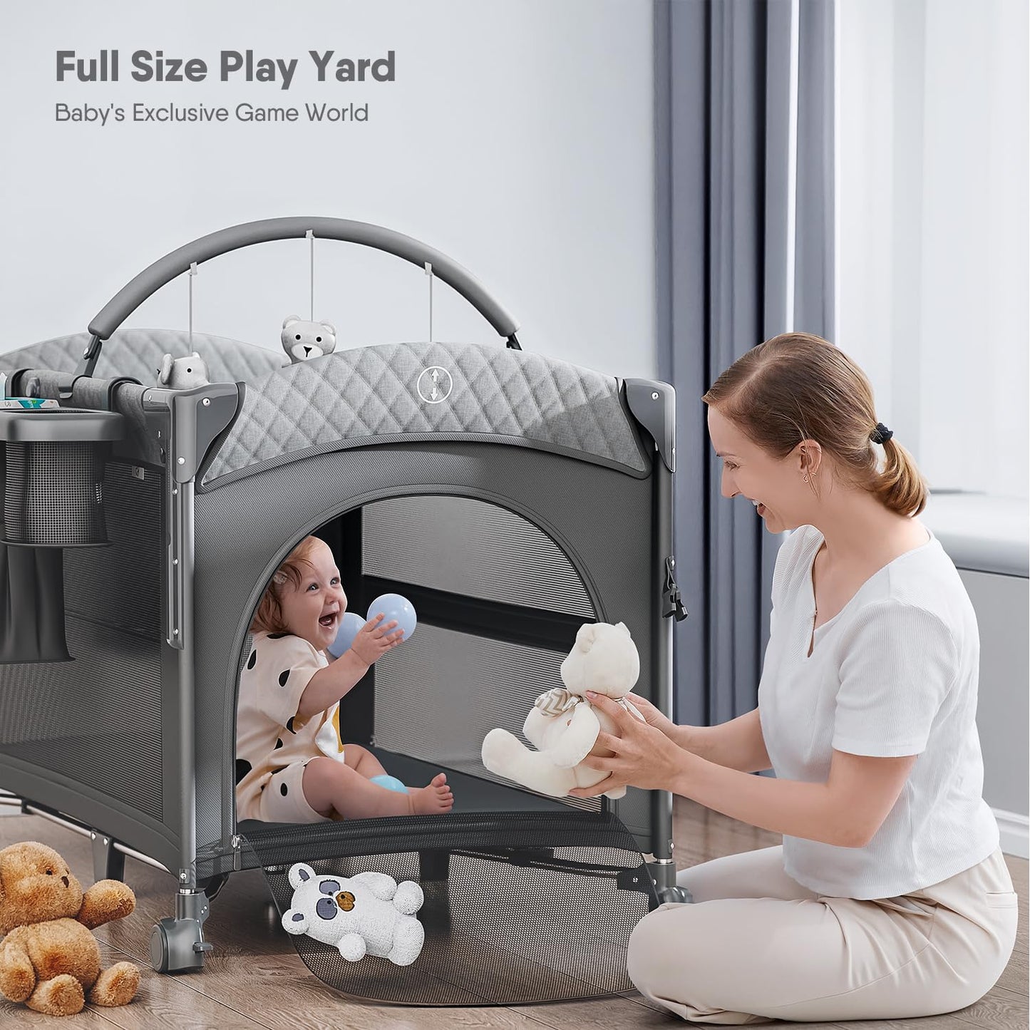 Obee Odee 4 in 1 Baby Bassinet, Pack and Play, Bedside Crib Sleeper, Diaper Changer - Comes with Mattress, Mosquito Net, Bottom Storage and Toy Bar for Newborn to Toddles