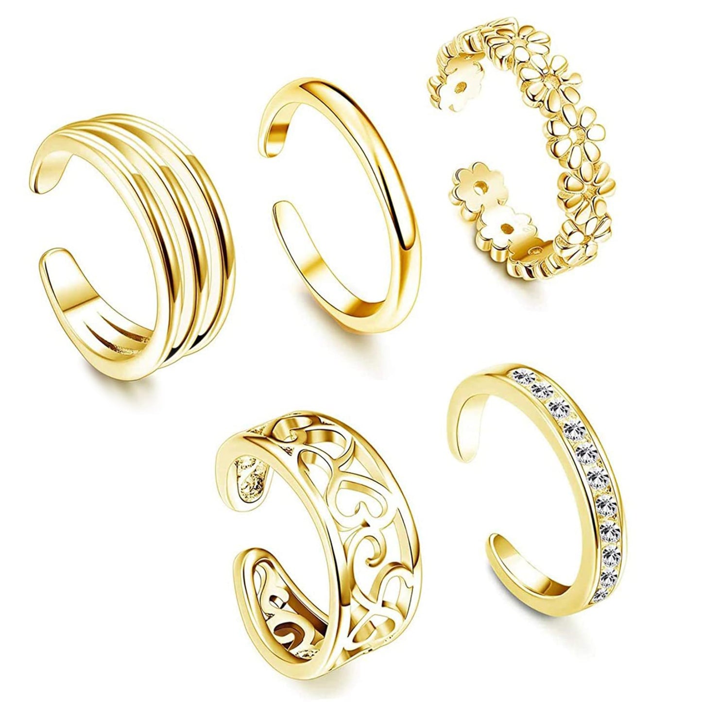PYALXDN 5 Pcs Silver Plated Toe Rings for Women Adjustable Band Rings Open CZ Toe Ring Set Beach Foot Jewelry，Anti-allergy，Gold