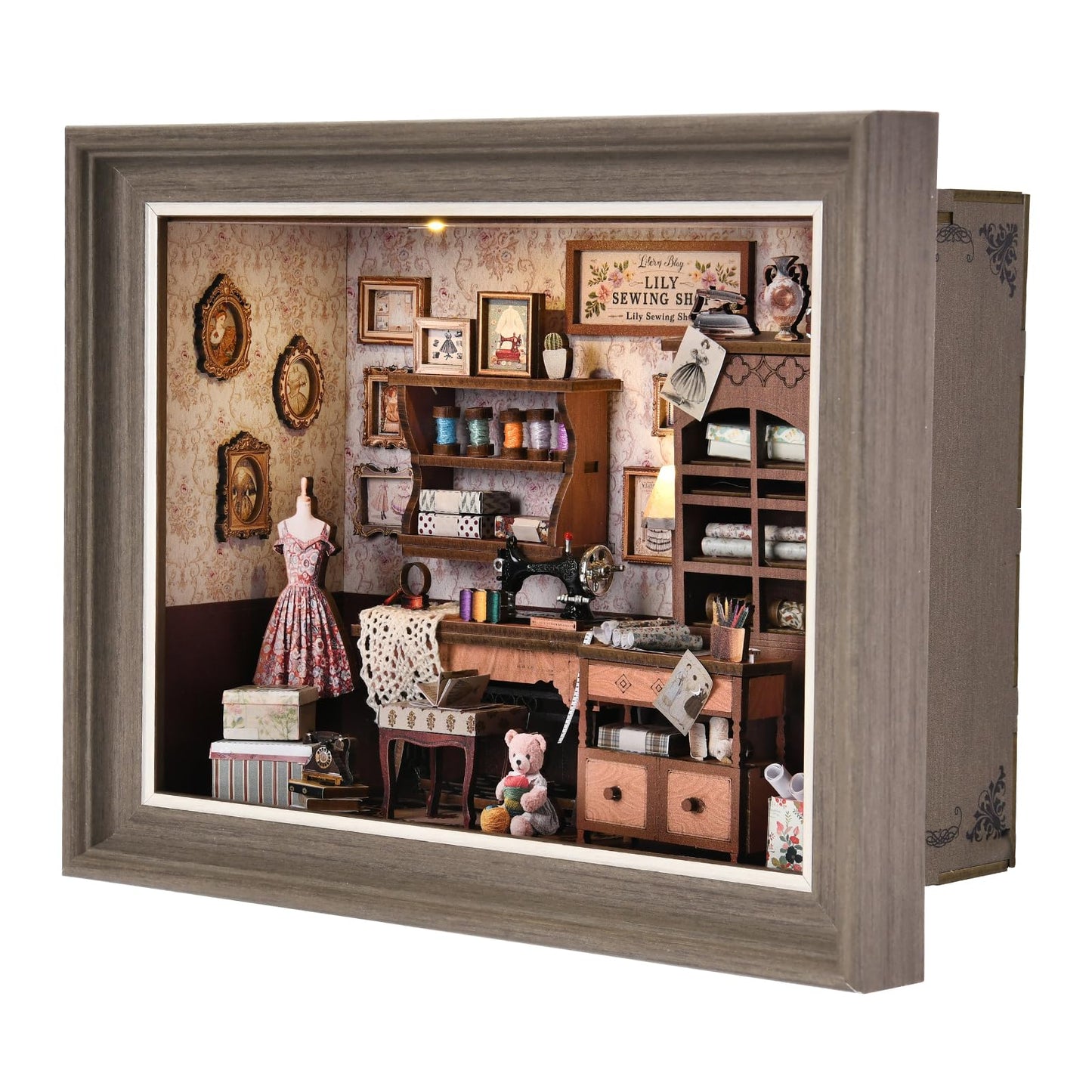 Book Nook Kit - 3D Wooden Puzzle with LED Switch Control & Wall-Mountable Frame，DIY Miniature House for Beginners，Bookshelf/Tabletop/Wall Decor for Craft Lovers，Dollhouse Gift (Lily Sewing Shop)