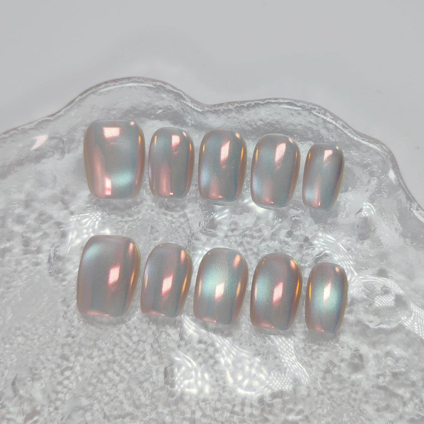 Cat Eye Press on Nails Handmade Short Oval/Square/Round False Nails with French Tip/Aurora/Magnetic Shimmer Designs (Aurora#Square Sunset River, Large)