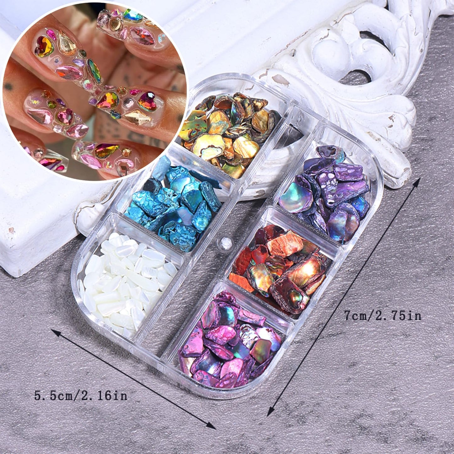 6 Grids Colorful Abalone Shell Stone Nail Gems and Charms 3D Irregular Stone Nail Charms Abalone Shell Texture Designs Nail Rhinestones Colorful Gems Nail Jewelry for Women DIY Manicure Crafts