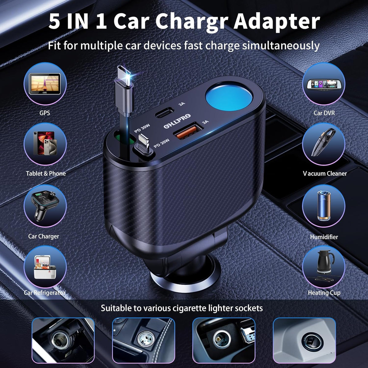 OHLPRO Retractable Car Charger Cigarette Lighter Adapter, 168W 5 in 1 Fast Phone Charging Built-in Replaceable Fuse, Socket Splitter with USB C and USB i Cord, Fit for Phone, iPad, Galaxy, GPS