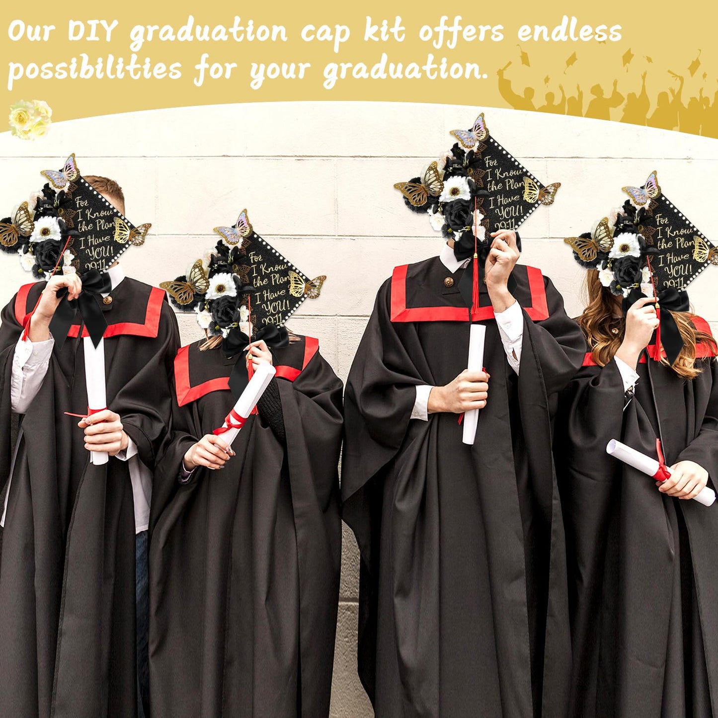 55 Pcs Black Gold DIY Graduation Cap Decorations Faux Assorted Flowers White Bows 3D Butterfly Stickers Glitter Alphabet Letter Number Decals for DIY Hat Grad Cap Topper Graduation Party Supplies