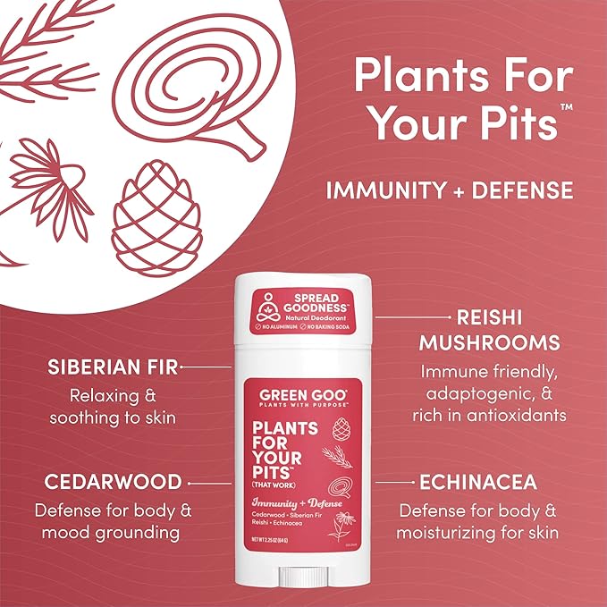 Green Goo Herbal Deodorant for Men and Women, Immunity + Defense with Cedarwood, Siberian Fir, Reishi Mushrooms, and Echinacea, 2.25 Ounce