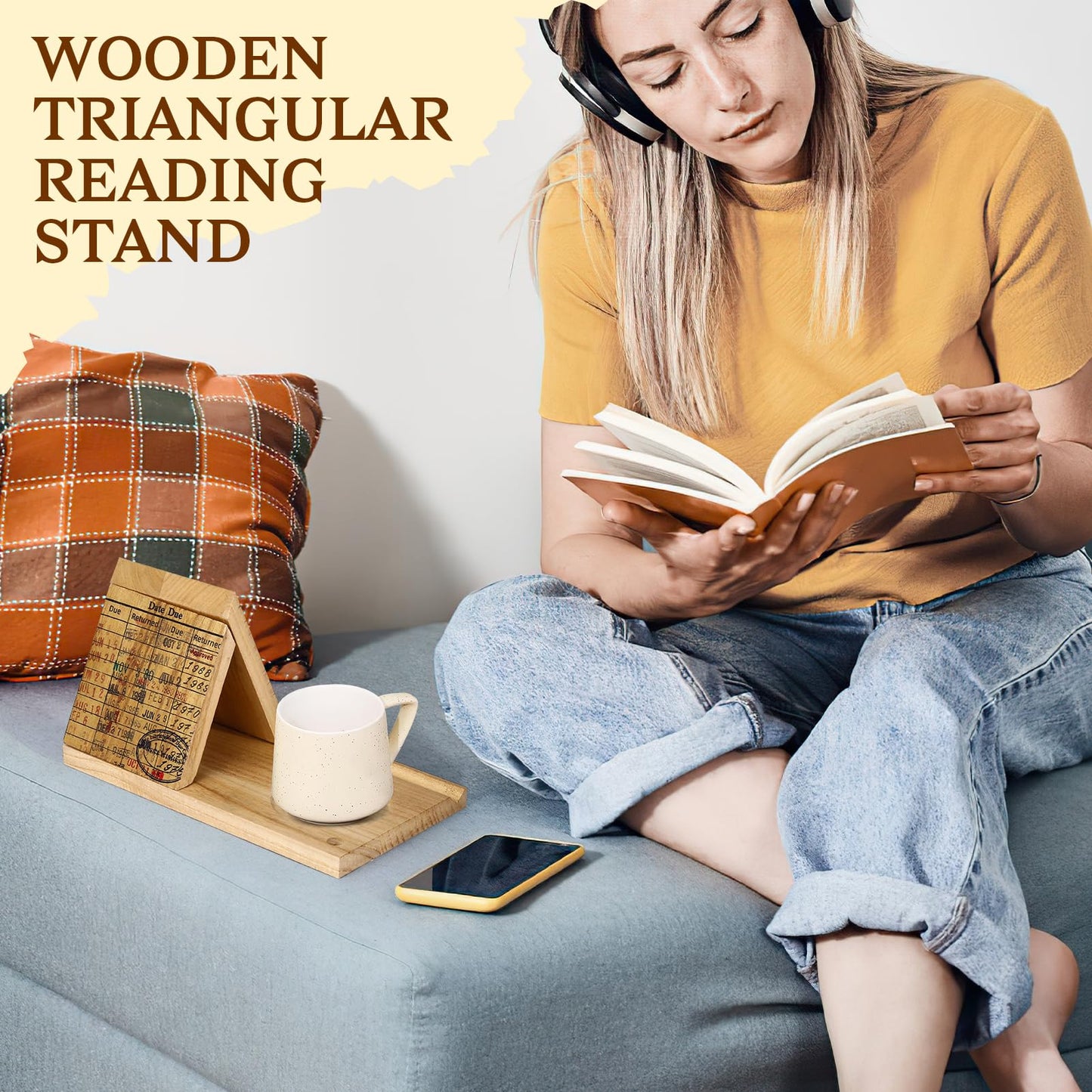 Wooden Triangle Book Stand with Drink Holder, Library Card Design Book Holder Page Rest, Night Stand Book Holder with Pen Slot, Gift for Book Lovers, Readers, Librarians, Writers