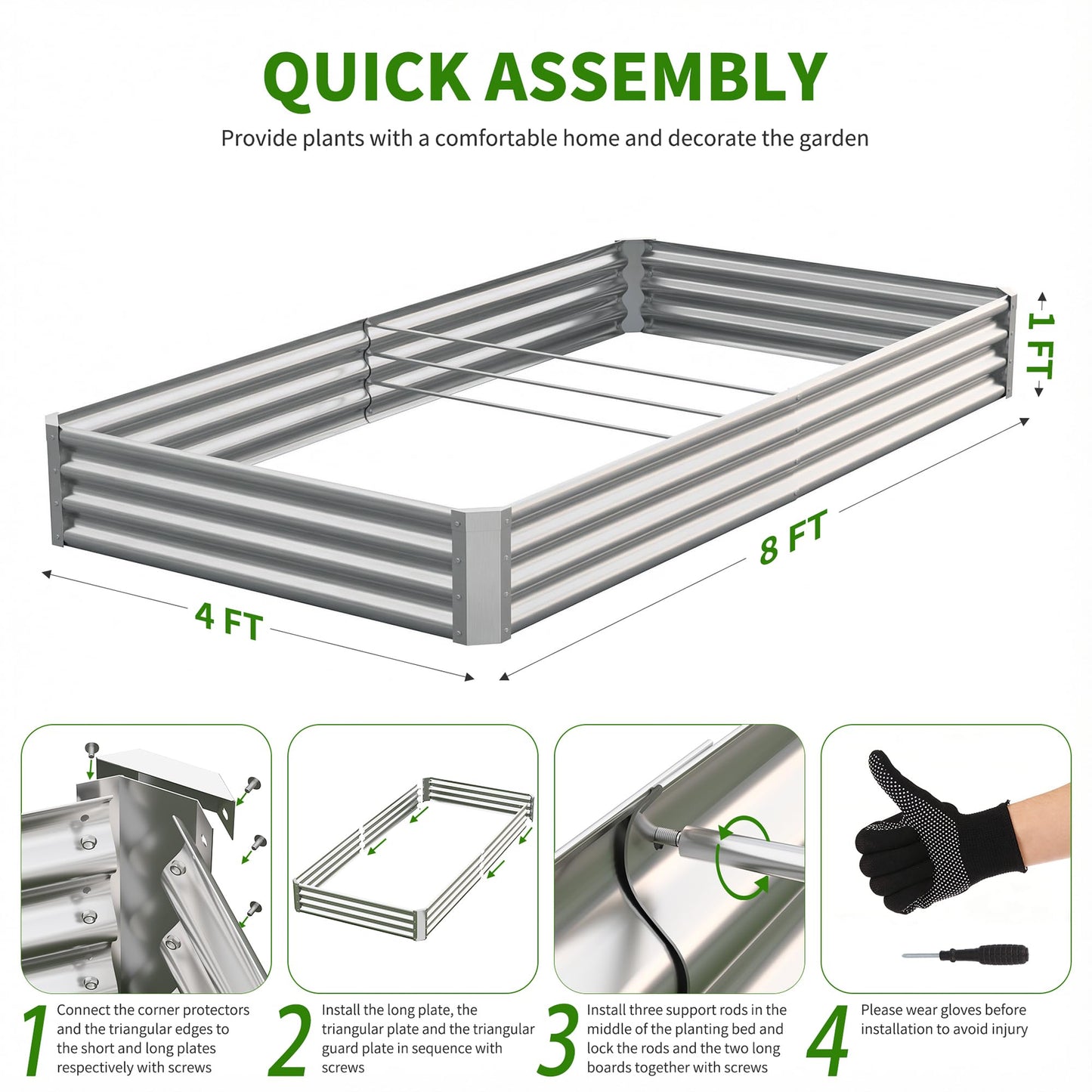 Anmiro Galvanized Raised Garden Bed,Outdoor Planter Box Metal Patio Kit Planting Bed for Vegetables Flowers Herb (Galvanized, 8x4x1ft-2p)