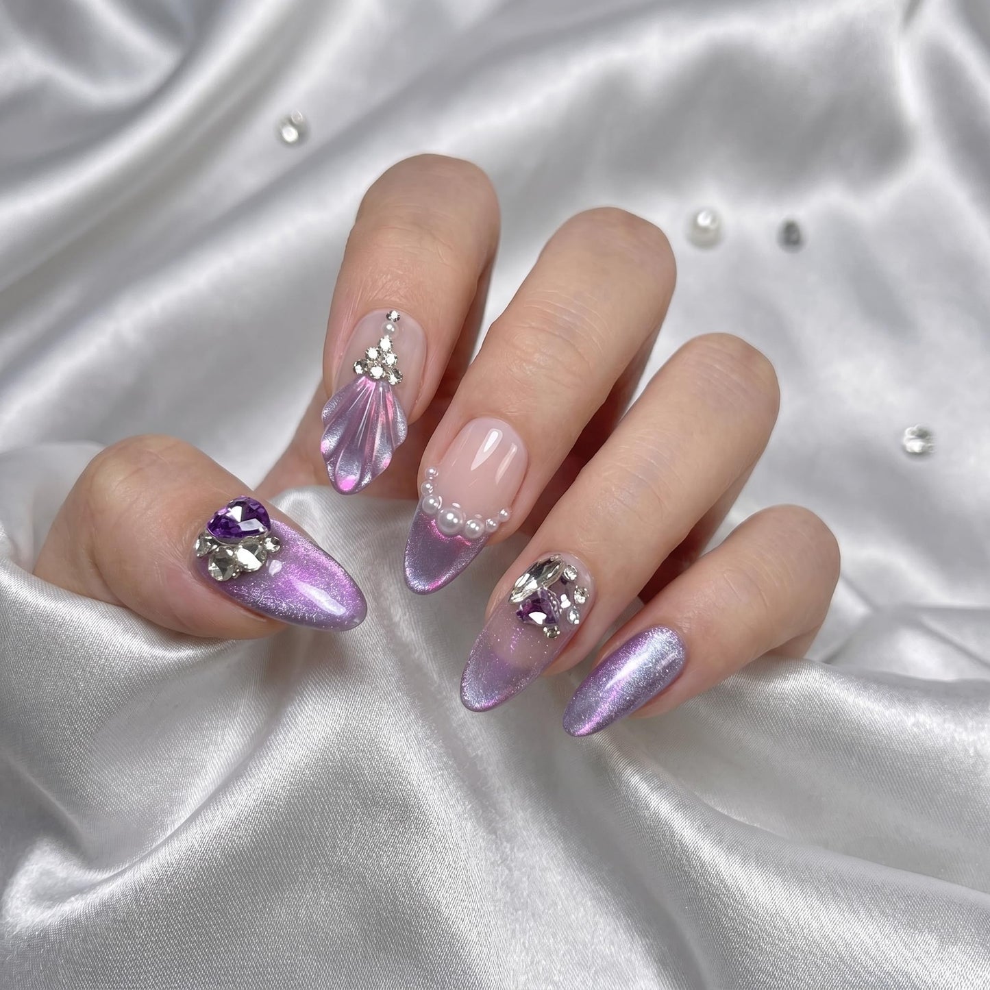 Medium Press on Nails Almond Fake Nails Purple Artificial Nail Mermaid Stick on Nail with Seashell Pearl Rhinestone Gem Glitter Design for Women 30pcs
