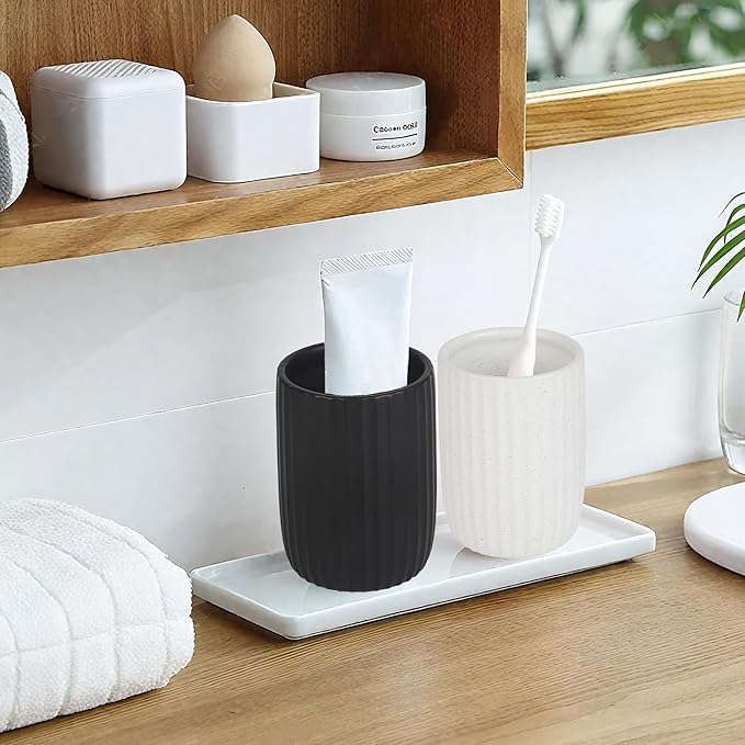 8 oz Toothbrush Holders for Bathroom, Ceramic Tooth Brushing Dispenser, Small Tooth Brush Organizer for Countertop, Toothpaste Storage Stand, Tumbler Storage Cup for Makeup Brushes -Black