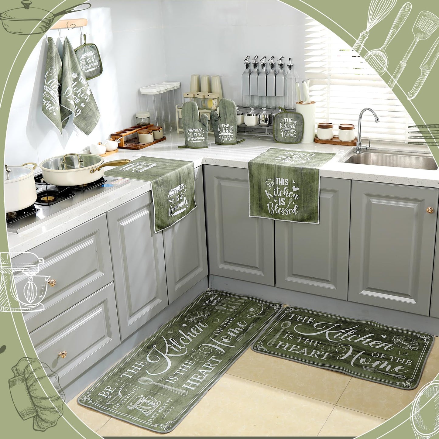 Fourluoo 10 Pcs Farmhouse Kitchen Decor and Accessories Set 4 Kitchen Towels 2 Pot Holders 2 Oven Mitts 2 Rugs for Cooking Baking Mom Housewarming Gifts(Sage Green,Classic Style)