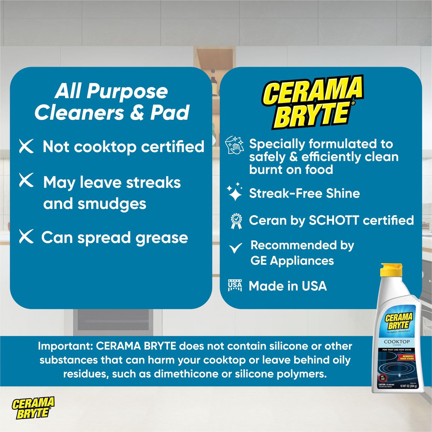 Cerama Bryte Glass Cooktop and Stove Top Cleaner Combo Kit - Includes Cleaning Tool, Razor, Scraper and 1 Pad to Remove Tough Stains - Use on Gas, Electric, Ceramic Surfaces, 18 Ounces, 4 Piece