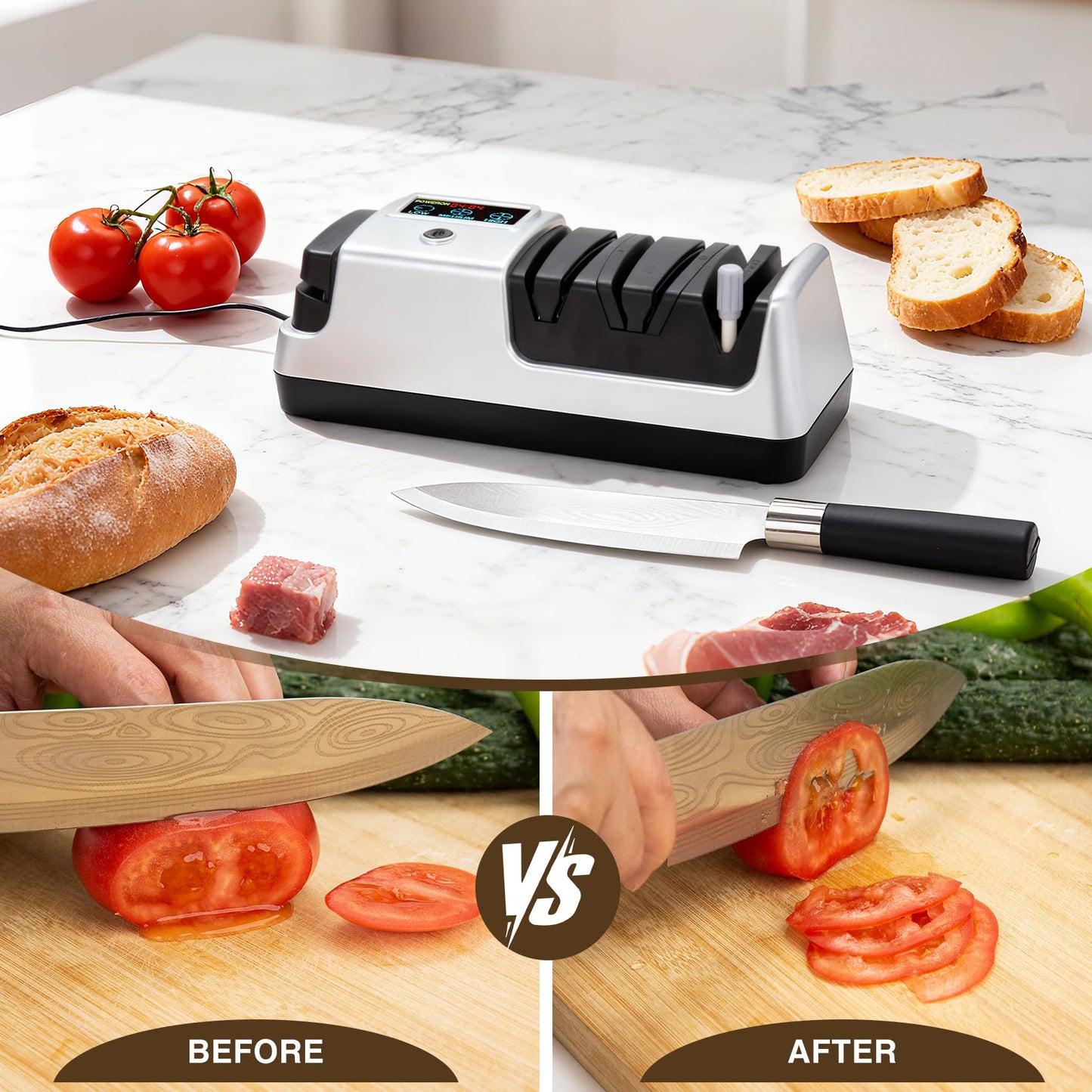Ceelpeopar Silver Professional 3-Stage Electric Knife Sharpener for Kitchen Knives, LCD Screen, 100% Diamond Abrasive, Adjustable Rotational Speed, Precision Angle Guides for All Kitchen Knives