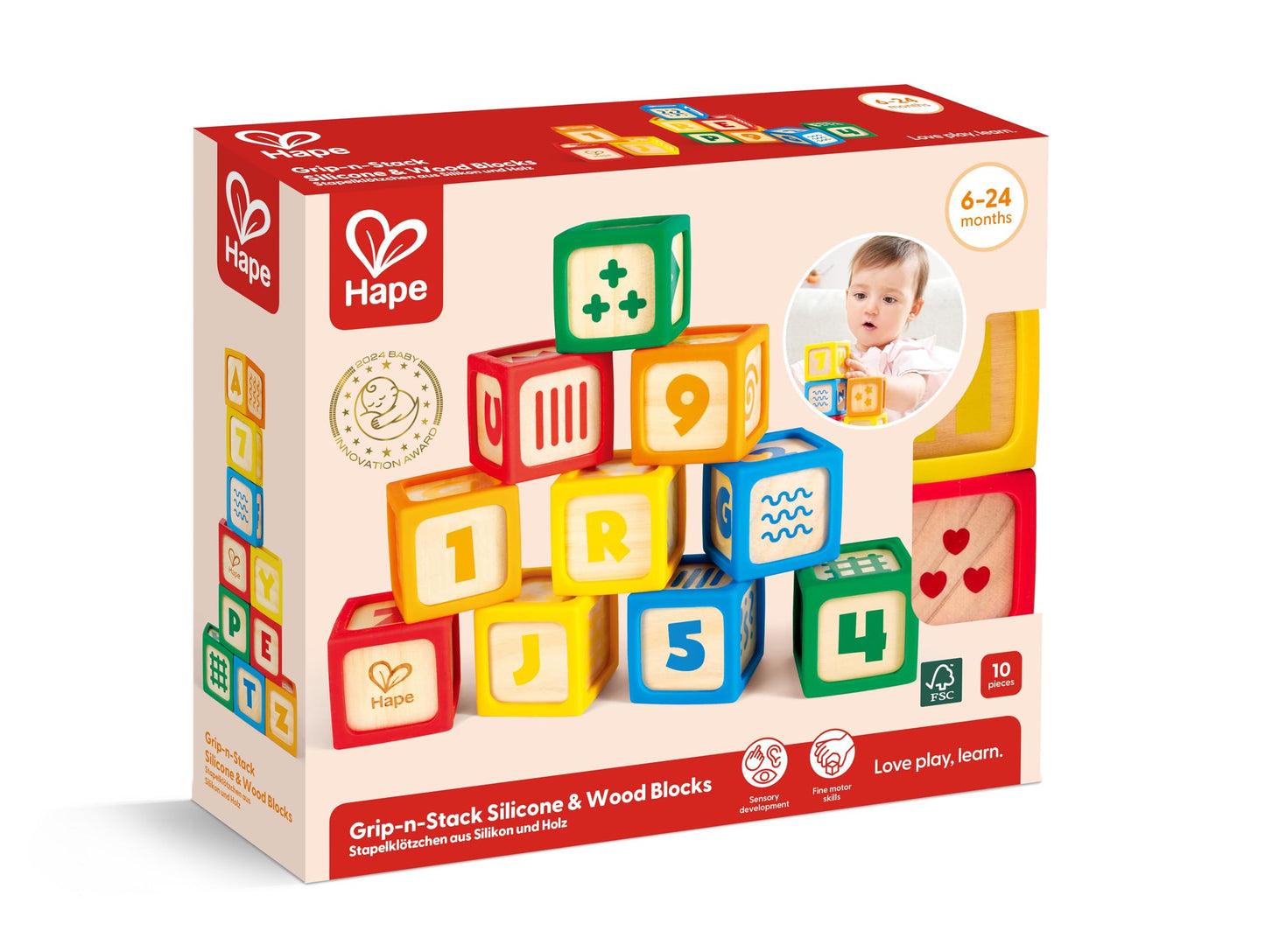 Hape Grip-n-Stack 10-Piece Wooden Building Blocks with Silicone Edges - Educational Alphabet & Number Stacking Toy for Toddlers and Babies - Fine Motor Skills & Sensory Play Set