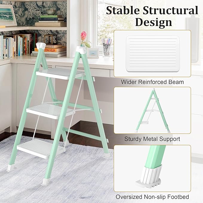 3 Step Ladder, Folding Step Stool with Anti-Slip Wide Pedal, Anti-Slip Feet, Sturdiest Steel Construction, Steel Ladder for Home and Office, Green White