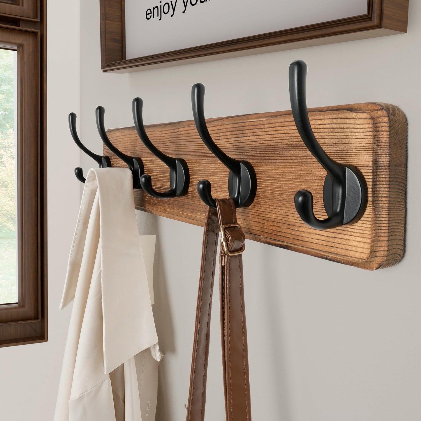 SKOLOO Rustic Wall Mounted Coat Rack with 16 Inch Mounting Hole Distance, Pine Solid Wood Coat Hook Hanger - 5 Hooks for Hanging Clothes Robes Towels Coats