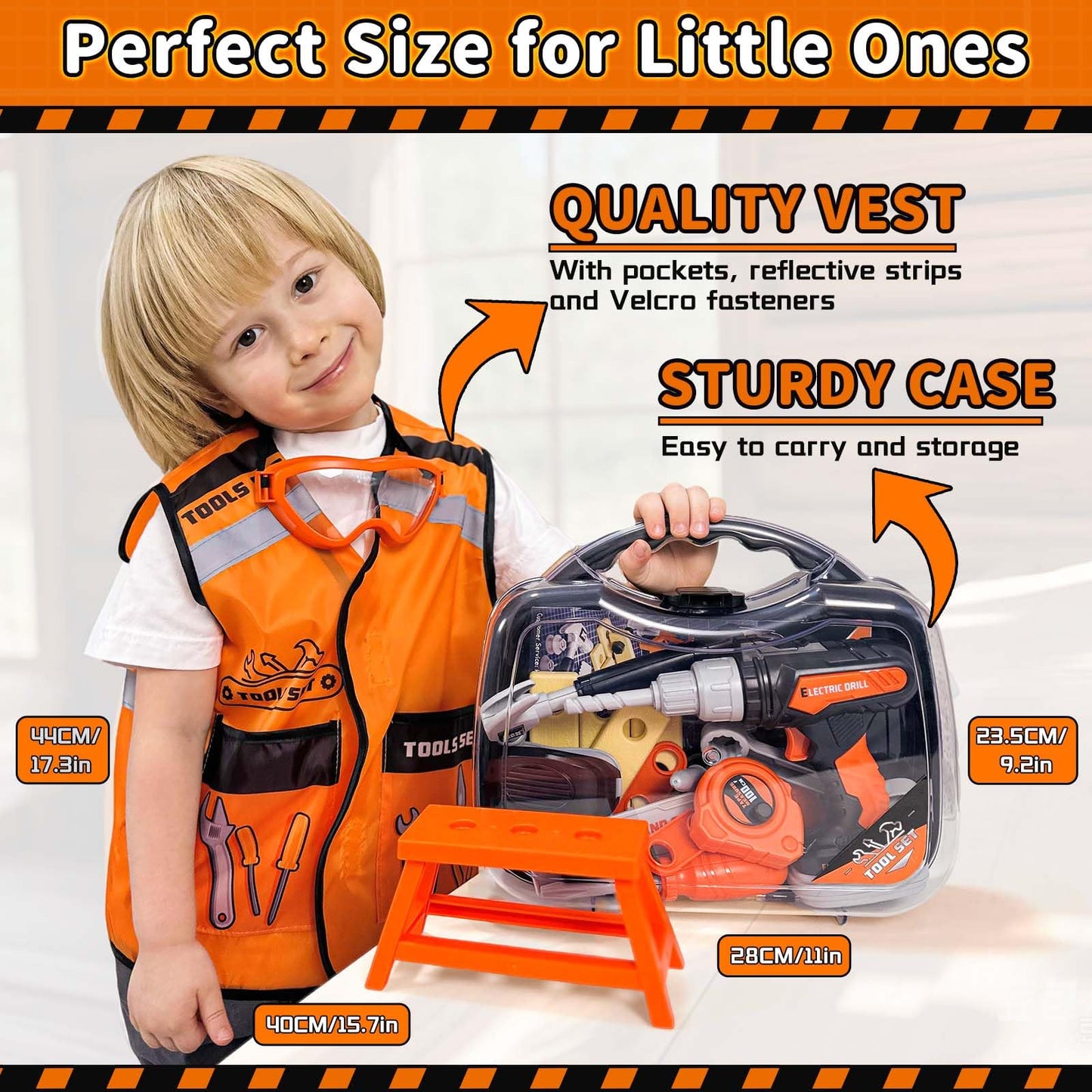 KidBloom Toddler Tool Set, Kids Tool Set with Toy Drill, Tools for Kids with Tool Box and Vest, Toys for 3 Year Old Boys