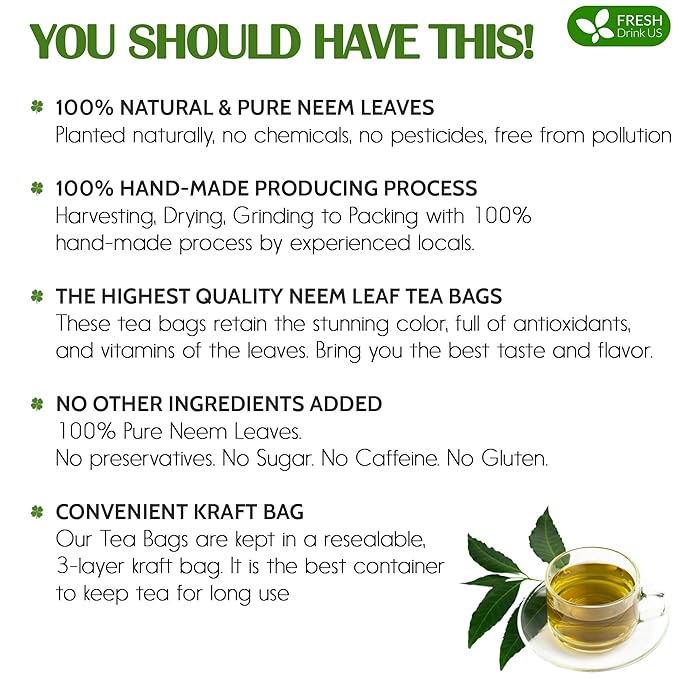 FreshDrinkUS, Premium 33 Neem Leaf Tea Bags, 100% Natural and Pure from Neem Leaves. Herbal Tea. No Sugar, No Caffeine, No Gluten, Vegan.