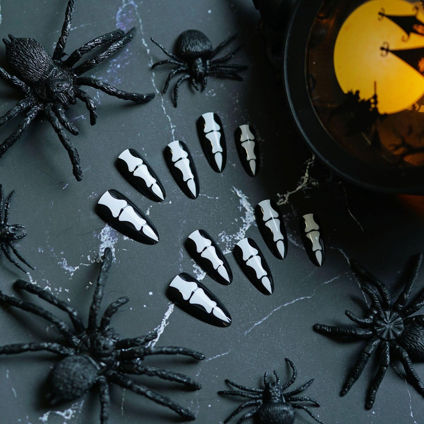 Halloween Press on Nails Medium Almond Fake Nails Horror Finger Bone Designs Acrylic Nails Black False Nails Press ons Glossy Glue on Nails Full Cover Stick on Nails for Women Girls 24Pcs