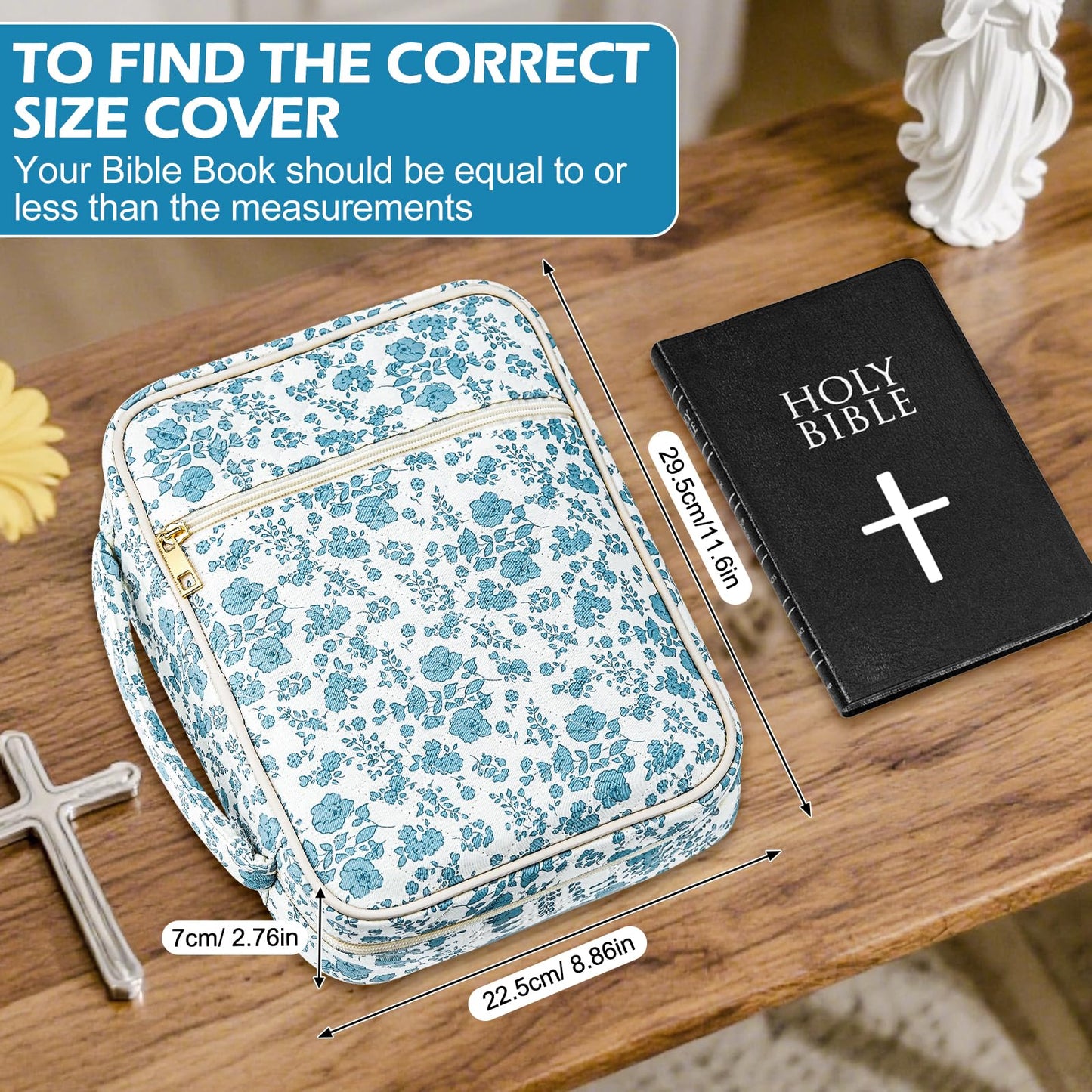 SelfTek Bible Cover Case for Women - Large Quilted Bible Cases for Woman Organizer with Handle & Shoulder Strap, Bible Study Supplies Accessories Christian Gifts (Blue)