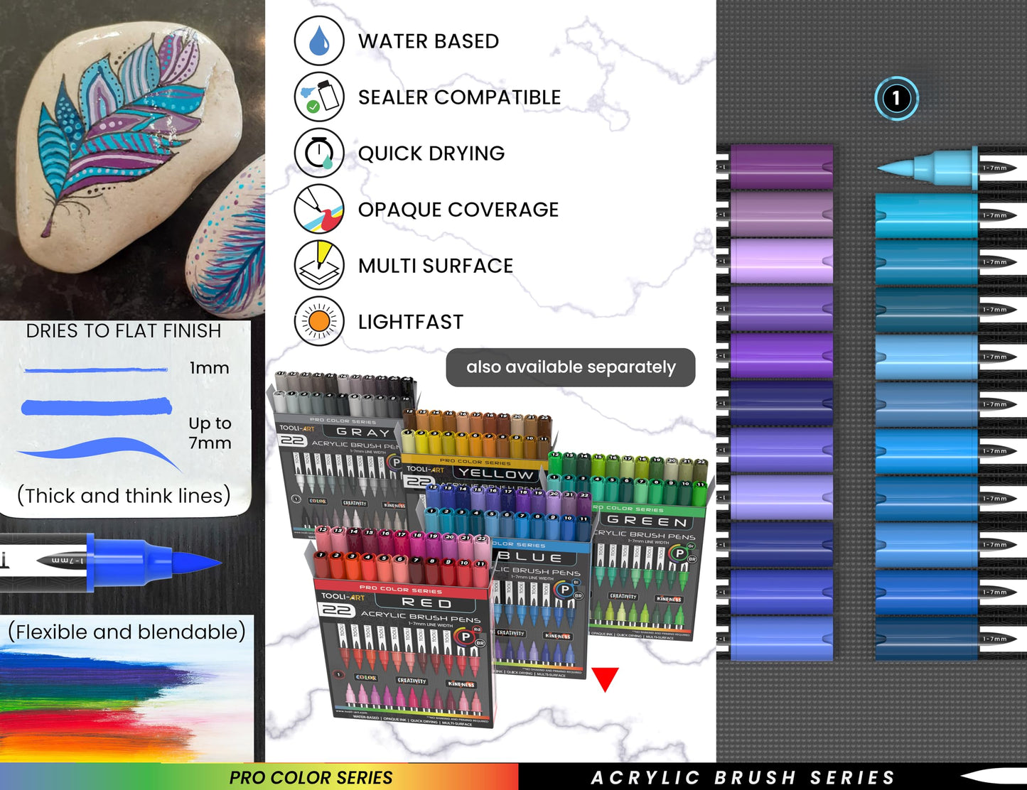 TOOLI-ART 22 Flexible Brush Tip Acrylic Paint Pens Markers Set 1-7mm Line for Rock Painting, Glass, Mugs, Wood, Metal, Canvas, Plastic. Non Toxic Waterbased Quick Drying Assorted Skin