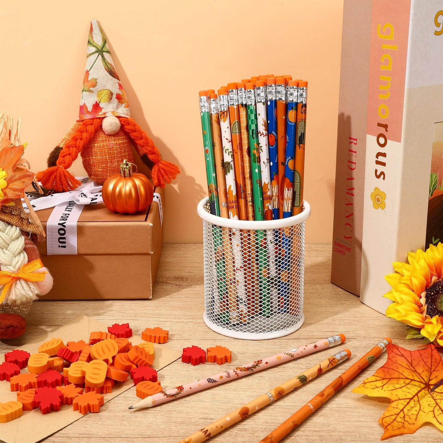JULMELON 72PCS Fall Party Favors Set, 36PCS Autumn Pencils with 36PCS Pumpkin Maple Leaf Erasers, Pencils for Thanksgiving Holiday Party Reward Supplies