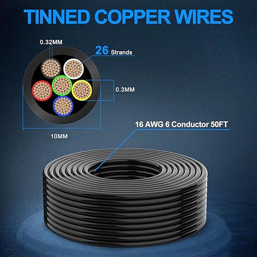 NAOEVO 16 Gauge Wire 6 Conductor Electrical Wire, 16 AWG Stranded PVC Cord, 12V Low Voltage/Tinned Copper/Flexible Cable for Automotive Wiring, Lamp Cord, Marine Cable (50FT)