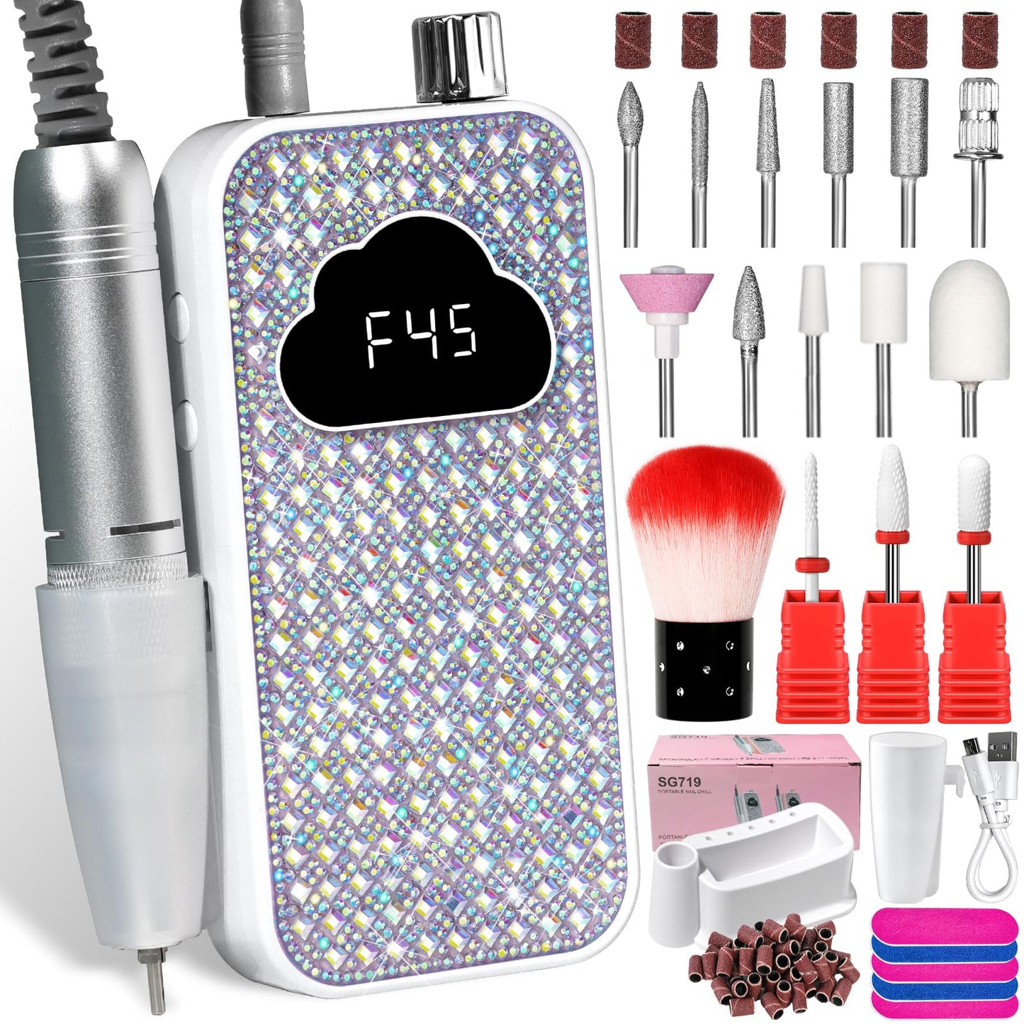 LIMEGIRL Professional Electric Nail File Drill Bits Kit 45000RPM for Acrylic Toenail Machine Clippers with 14 Drill Bit Gradient White Glitter Portable Rechargeable Cordless