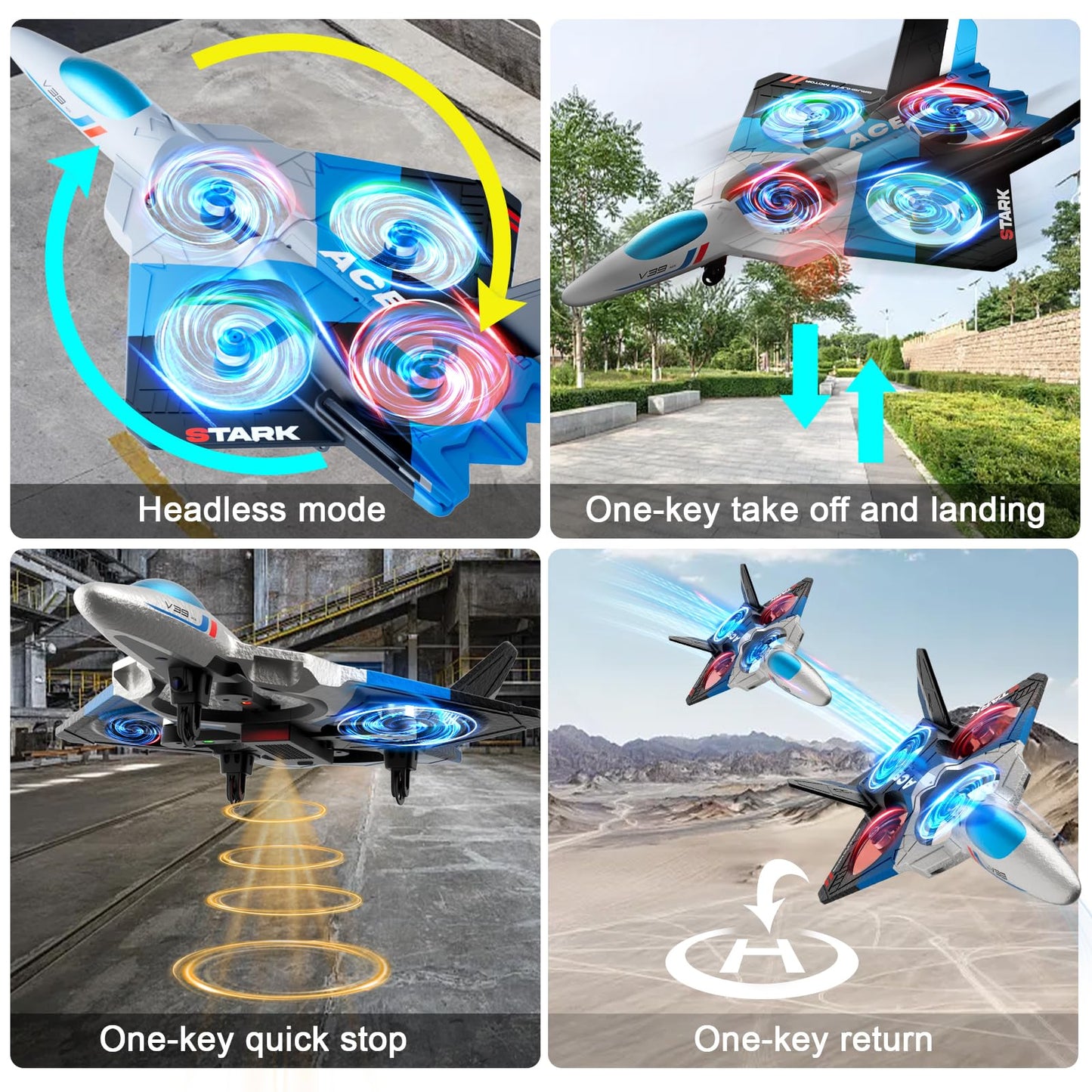 4DRC V39 Foam Remote Control Airplanes RC Planes with Camera,RC Airplane Fighter Jet with Light,Gravity Control, Auto-Follow, Trajectory Flight,One Key Take Off, 2 Batteries,Blue