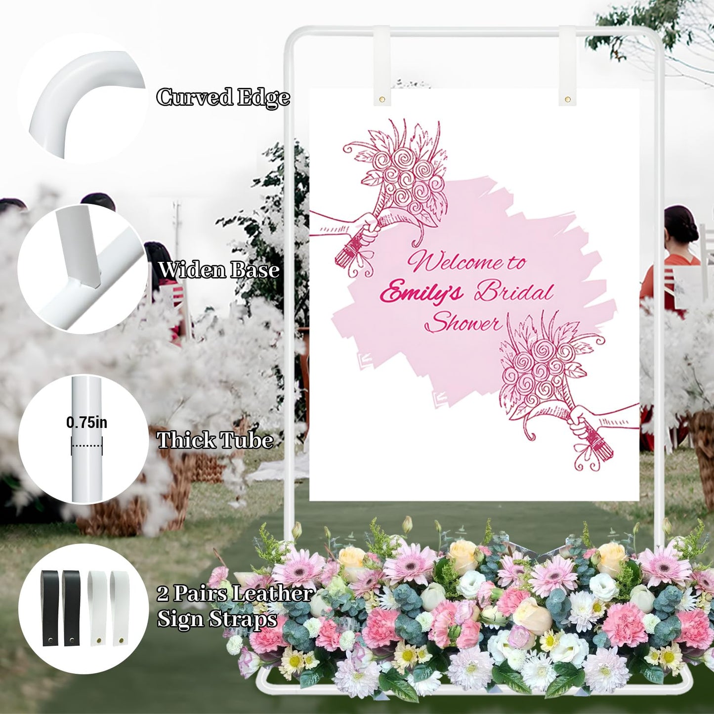 Jsngbse Adjustable Wedding Welcome Sign Stand with 2 Pair Hanging Straps, Welcome to Our Wedding Sign Holder Stand for Reception, Heavy Duty White Easel Stands for Sign Poster, Metal Floor Standing
