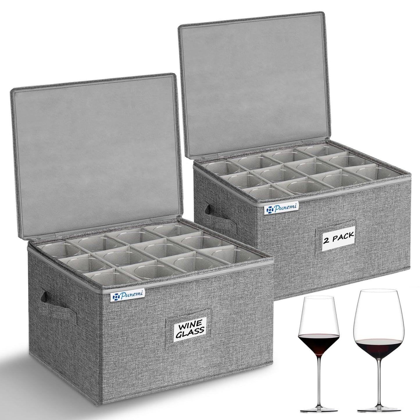 punemi Wine Glass Storage Box, Glassware Storage Containers w/Hard Shell Side Bottom Support & Padded Dividers, Stackable Stemware Storage Case for 24 China Crystal Glasses Drinkware, Moving Supplies