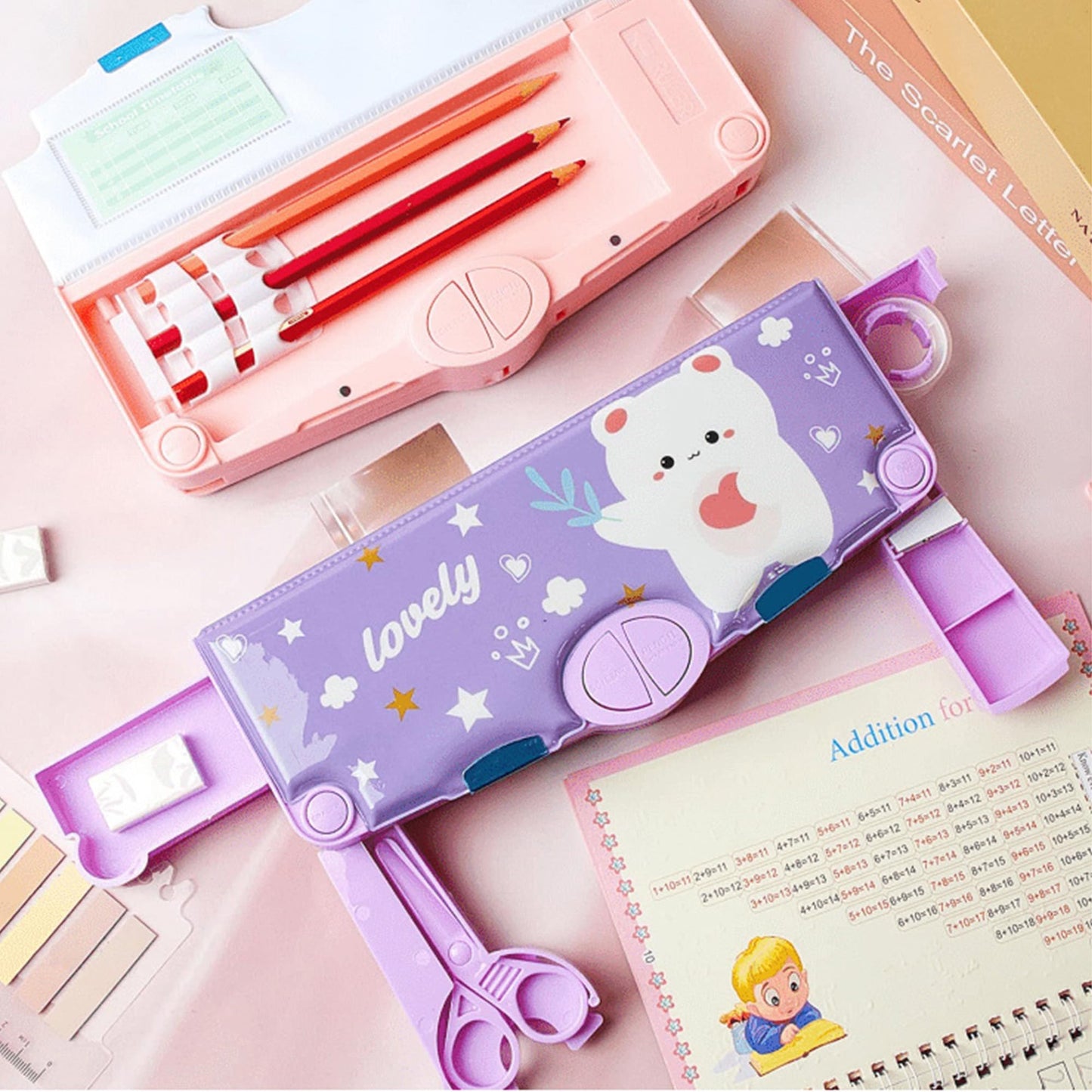 Ristpal Pop Up Multifunction Pencil Case, Cute Cartoon Pen Box Organizer Stationery with Sharpener, School Supplies, Best Birthday Gifts (Purple)