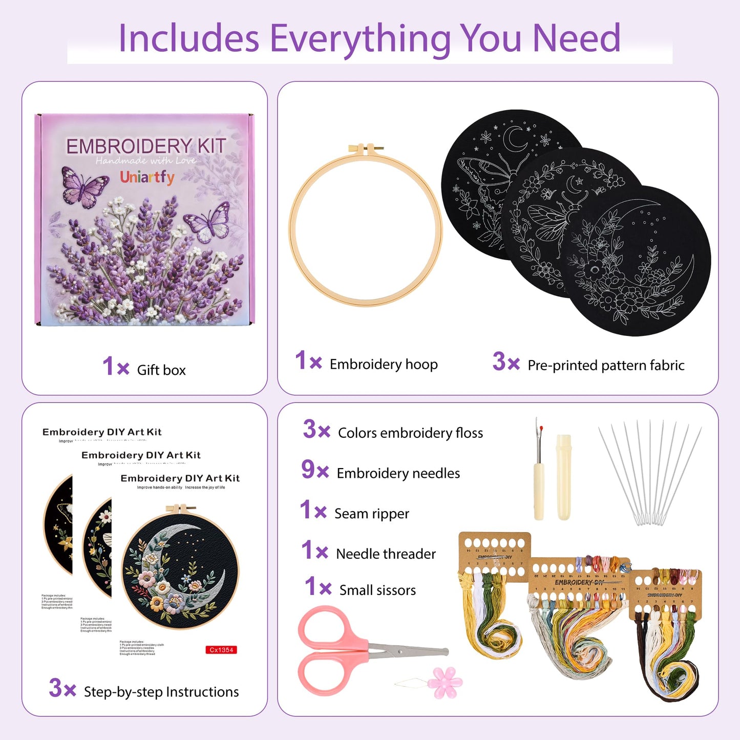 Uniartfy 3 Sets Butterfly Bee Moon Embroidery Kits for Beginners, DIY Cross Stitch Starter Craft Kit for Adults, Needlepoint Kits Including Cloth with Flower Plant Pattern, Hoop, Tools, Instructions