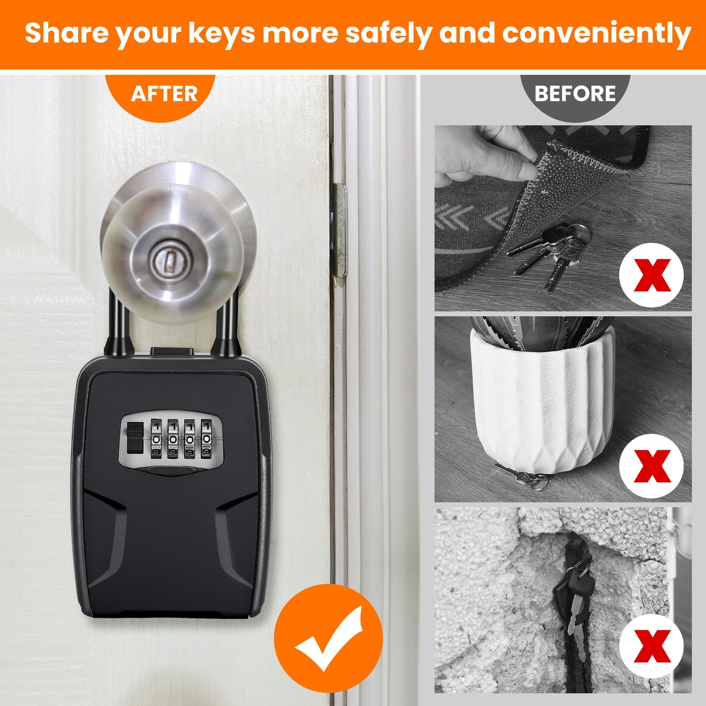 Fayleeko Portable Key Lock Box, Lock Box Wall Mounted for House Key, Car Keys, 6 Key Capacity, Weatherproof Resettable Code (Black, 1)