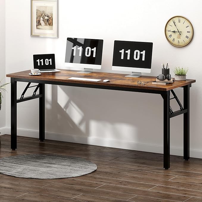 Need Large Computer Desk, 62 inches Long Office Desk, No Install Needed Folding Table Writing Table Workstation for Small Space, Rustic Brown